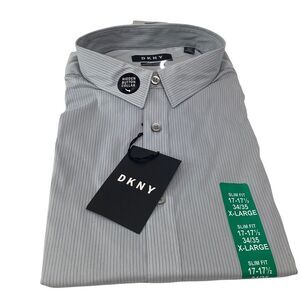 NWT DKNY Men Slim Fit Button Front Stretch Shirt Gray Stripe 17 17 1/2 34/35‎ XL